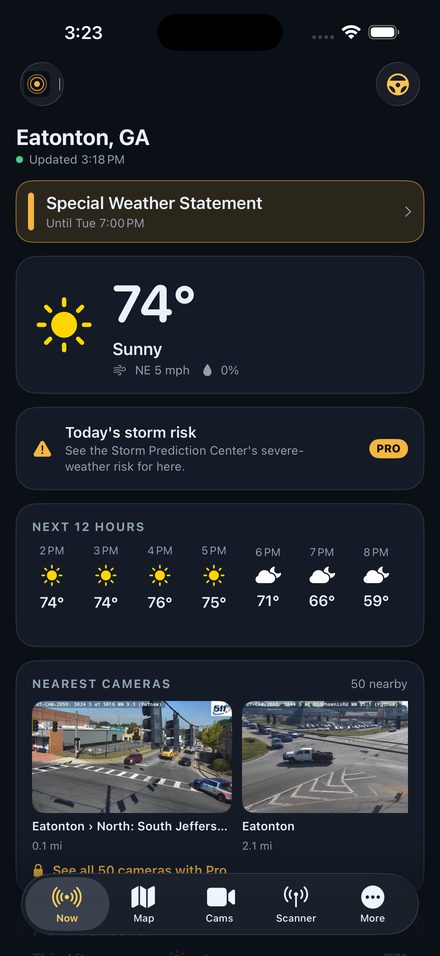 Lookout's Now screen for Eatonton, Georgia: a Special Weather Statement, 68 degrees and sunny, no severe storms expected, the next 12 hours, and the two nearest road cameras.